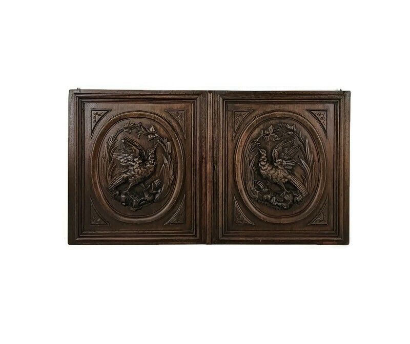 Pair Antique Door Panels Carved Wood Hunt Pheasants Architectural Reclaimed Salv