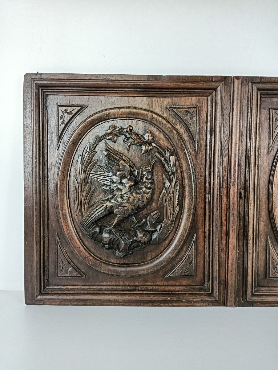 Pair Antique Door Panels Carved Wood Hunt Pheasants Architectural Reclaimed Salv photo for sale