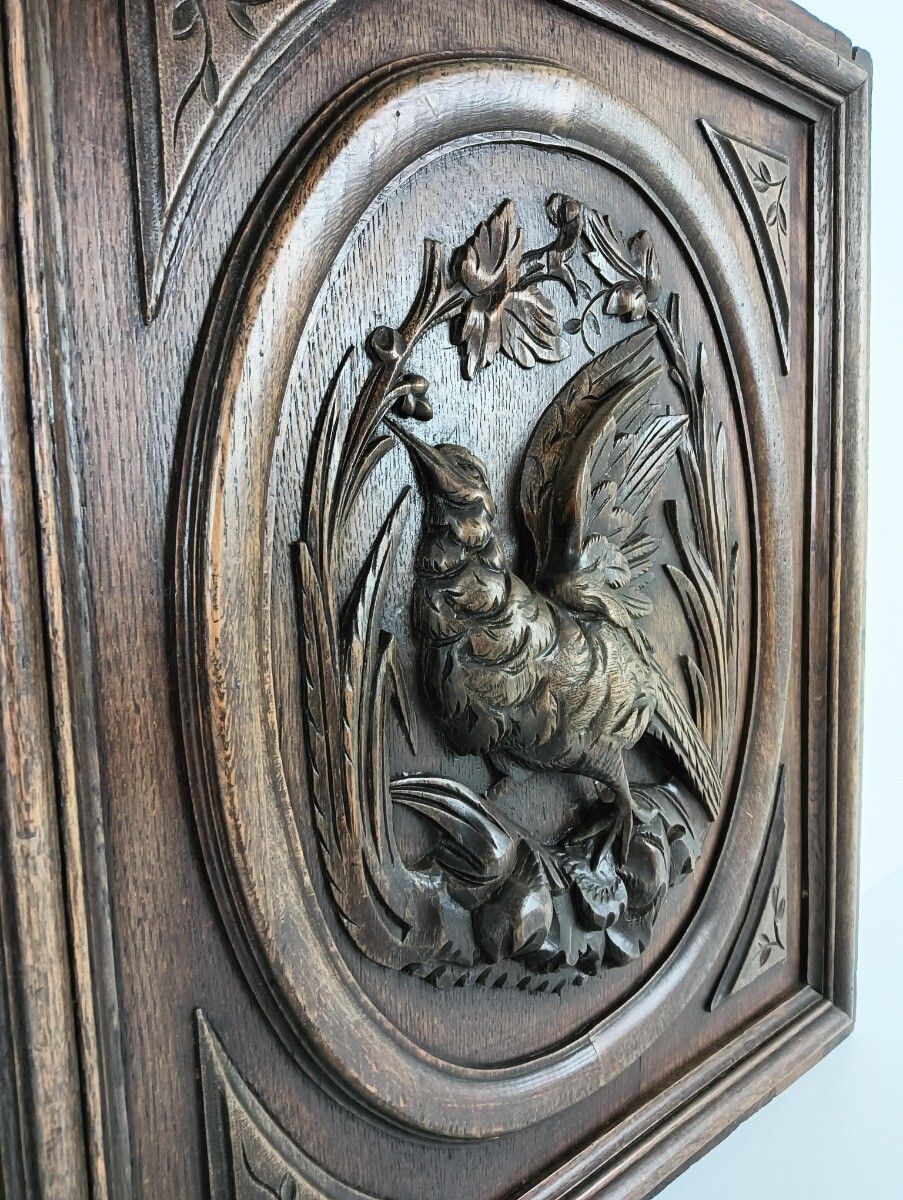 Pair Antique Door Panels Carved Wood Hunt Pheasants Architectural Reclaimed Salv photo vintage