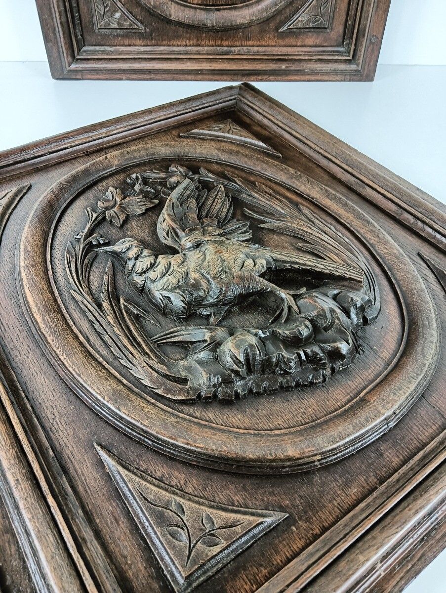 photo furniture Pair Antique Door Panels Carved Wood Hunt Pheasants Architectural Reclaimed Salv