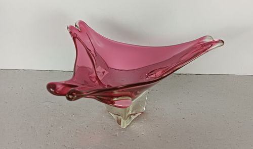 Clear Cranberry  Murano Italian Art Glass Centerpiece Dish Bowl Mid Century Vint