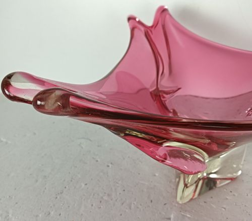 Clear Cranberry  Murano Italian Art Glass Centerpiece Dish Bowl Mid Century Vint photo 182.0