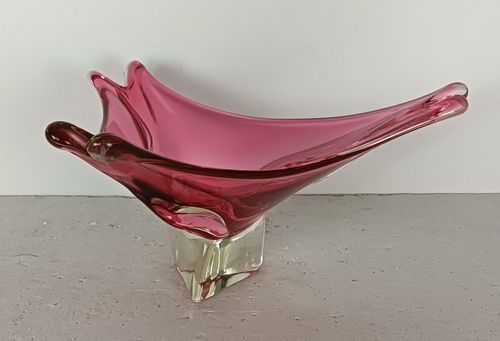 Clear Cranberry  Murano Italian Art Glass Centerpiece Dish Bowl Mid Century Vint photo vinterior