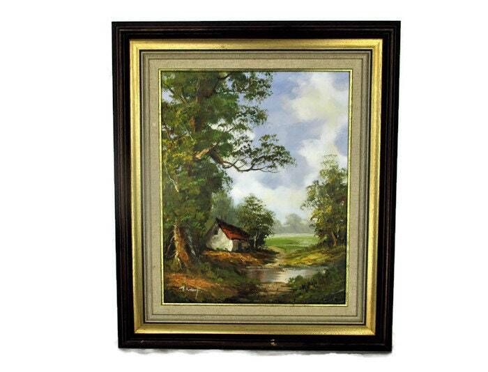 Lovely Oil Painting On Canvas Framed Beautiful Landscape Wood Creek Cabin Signed