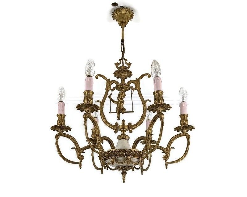 Brass Chandelier Marble Cupid Putti On Swing 6 Lights Arm Vintage Very Rare