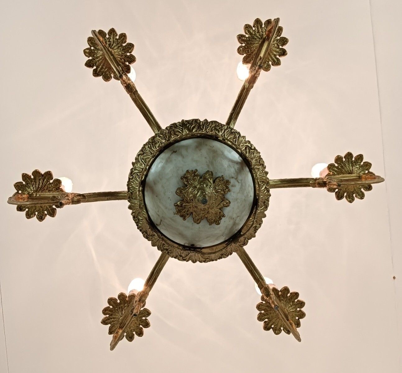 Brass Chandelier Marble Cupid Putti On Swing 6 Lights Arm Vintage Very Rare photo vintage