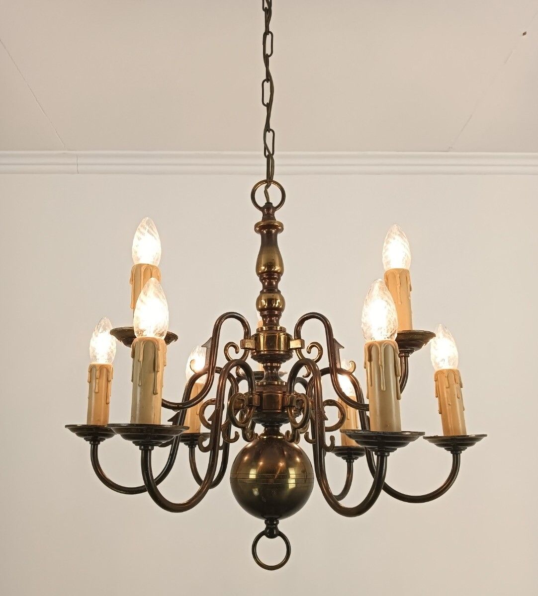 photo for sale Flemish Dutch Chandelier Brass 9 Lights  Two Tier Vintage Farmhouse Barn Style