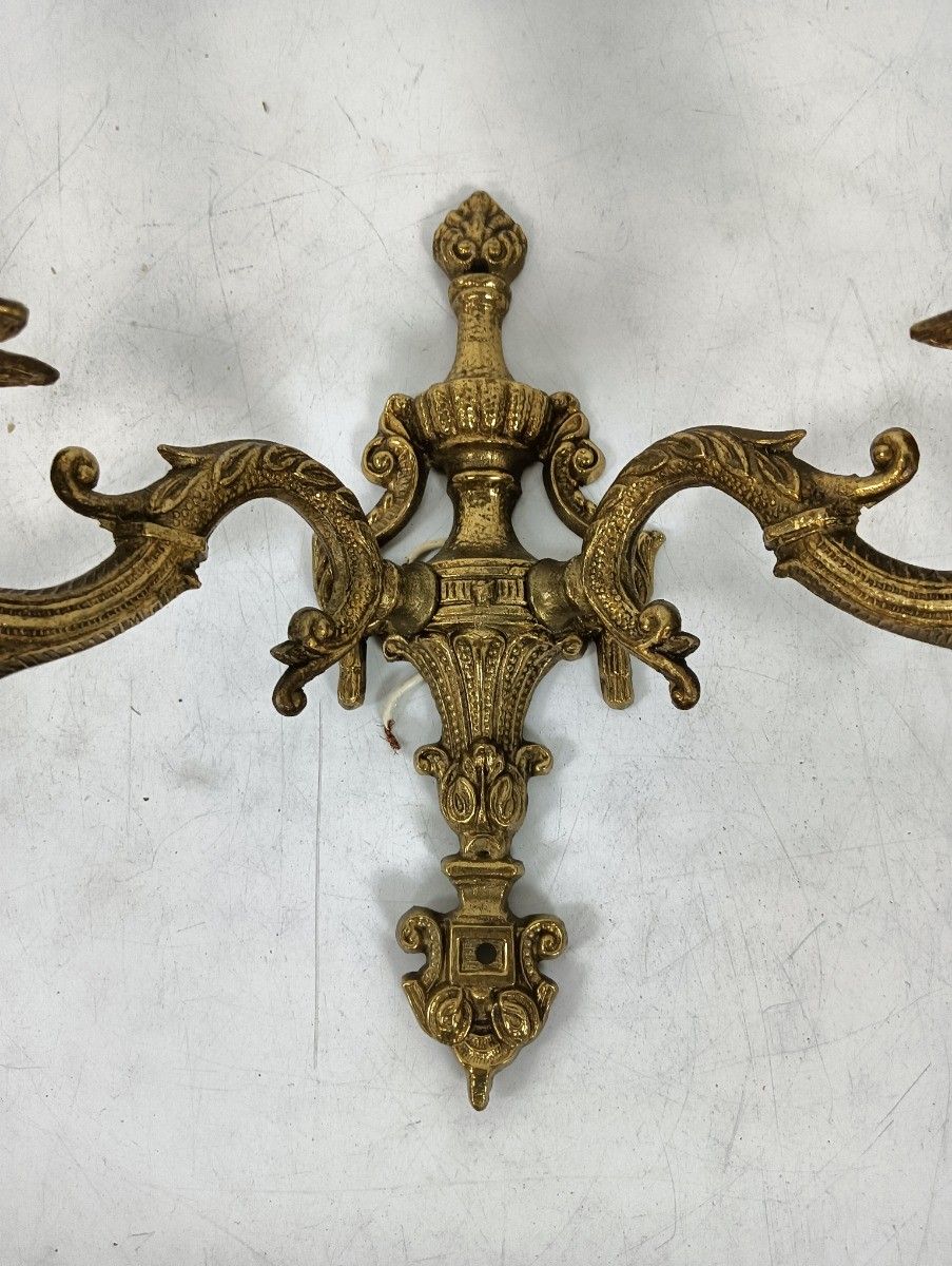 Pair Of Double Wall Lights Sconces Brass Ornate Hollywood Regency Vintage Lovely photo for sale