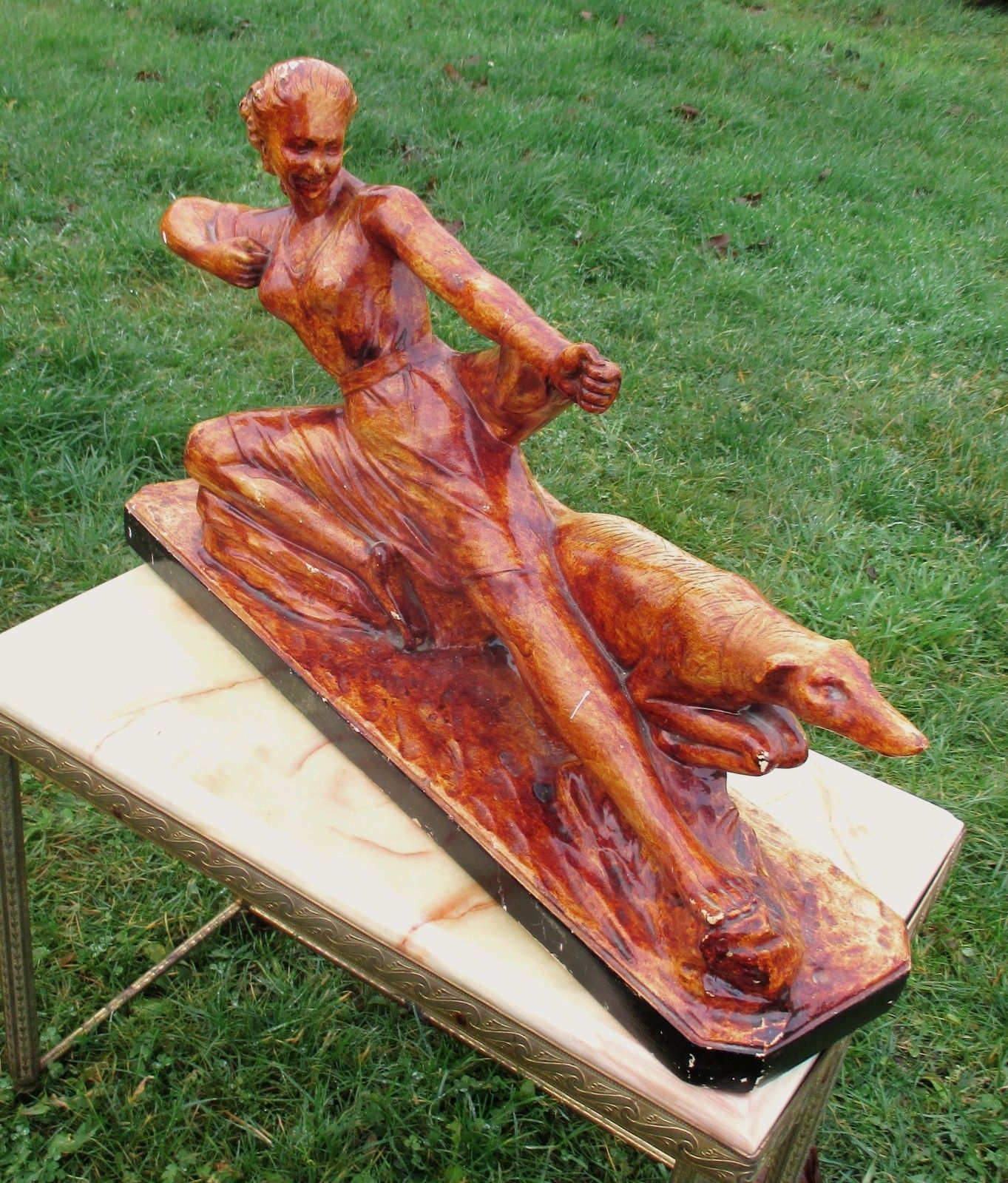 Plaster Statuette Diana Hound Goddess Hunter Dog Vintage Bauhaus Style photo for sale