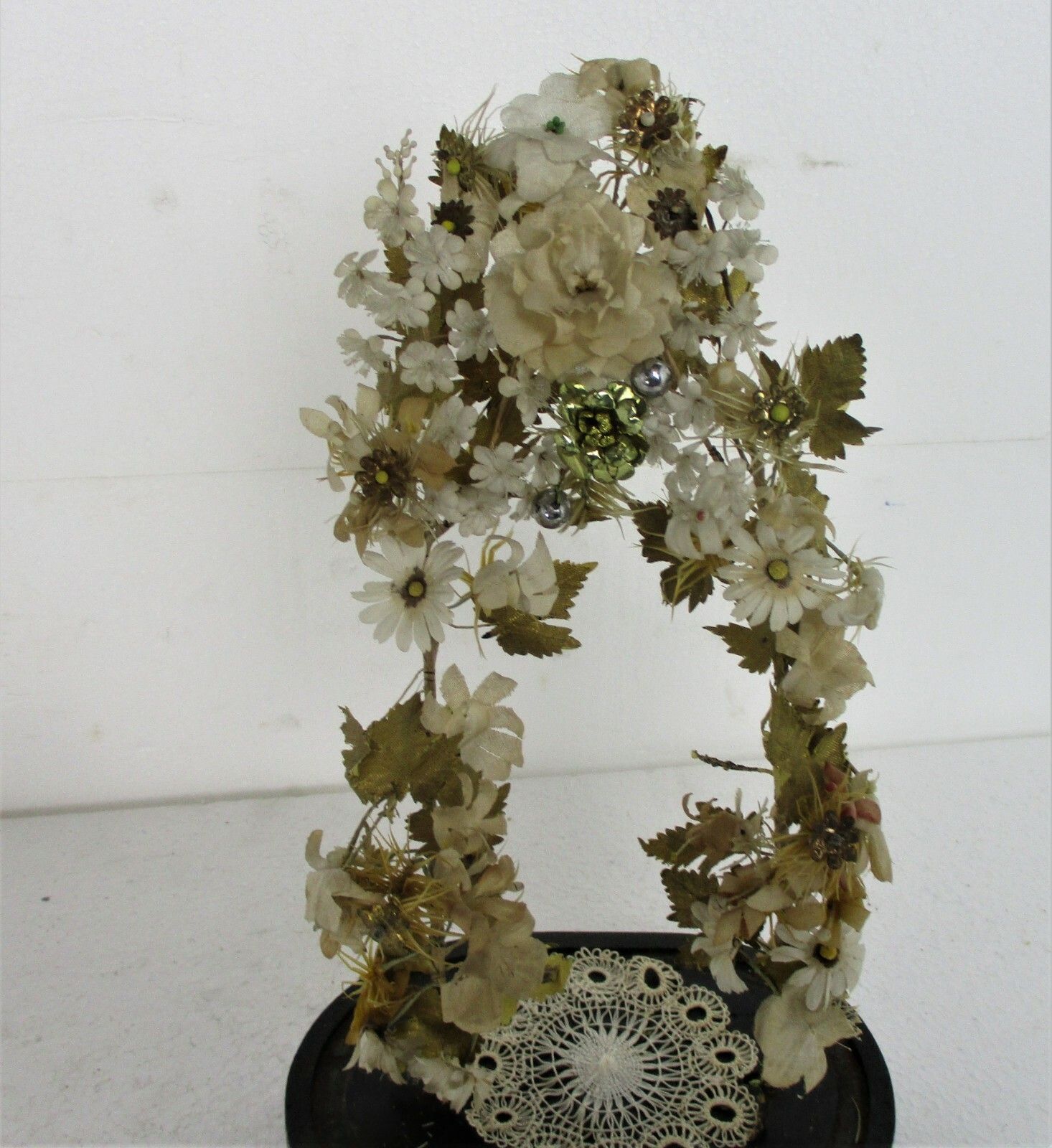 Small Antique 1800 Victorian French Bridal Wedding Dome Silk  Flowers photo Home Decor