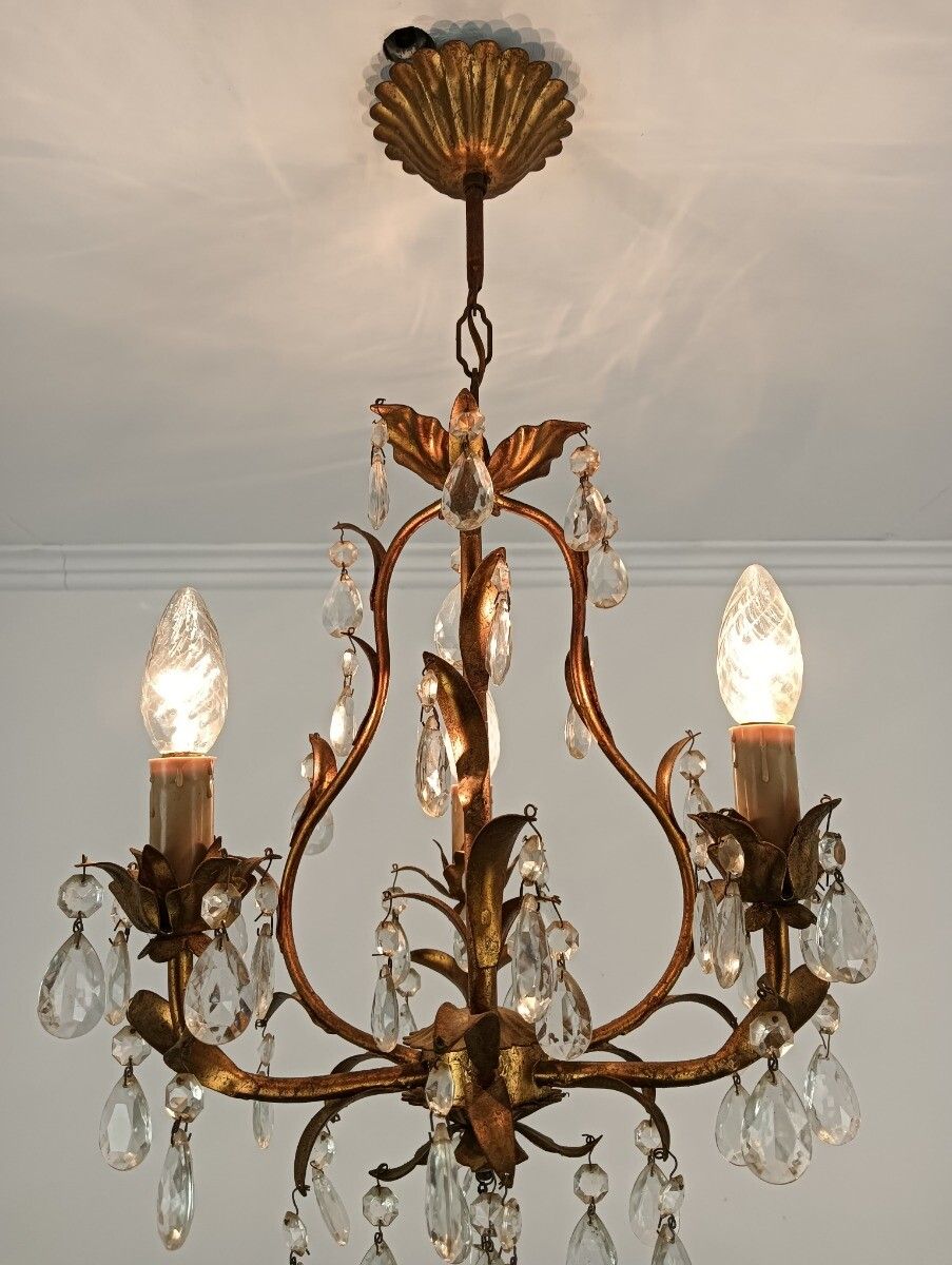 Italian Chandelier 3 Lights Art Glass Prisms Faux Brass Hollywood Regency Style photo 324.0