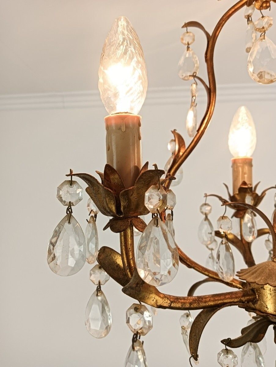 photo furniture Italian Chandelier 3 Lights Art Glass Prisms Faux Brass Hollywood Regency Style