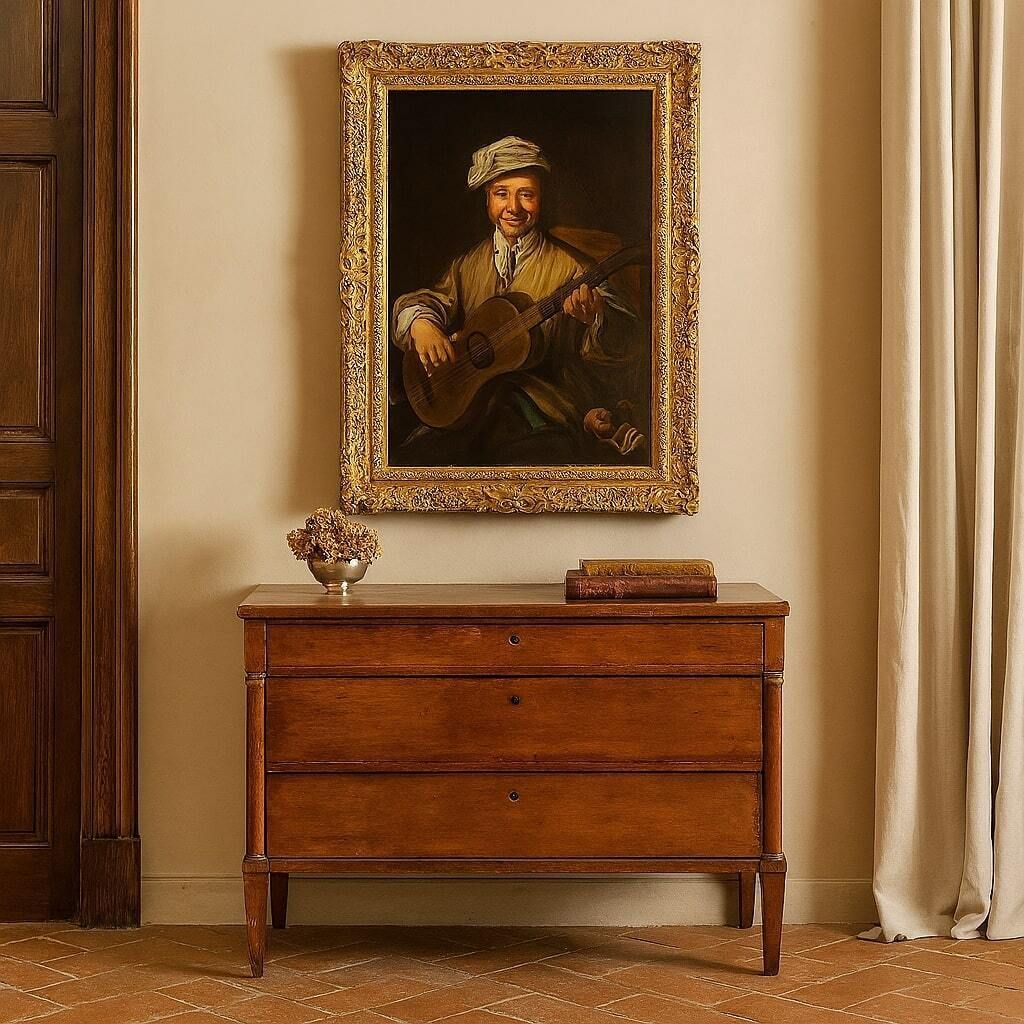 The Guitar Player Antique Painting Oil On Canvas XIX Century photo furniture