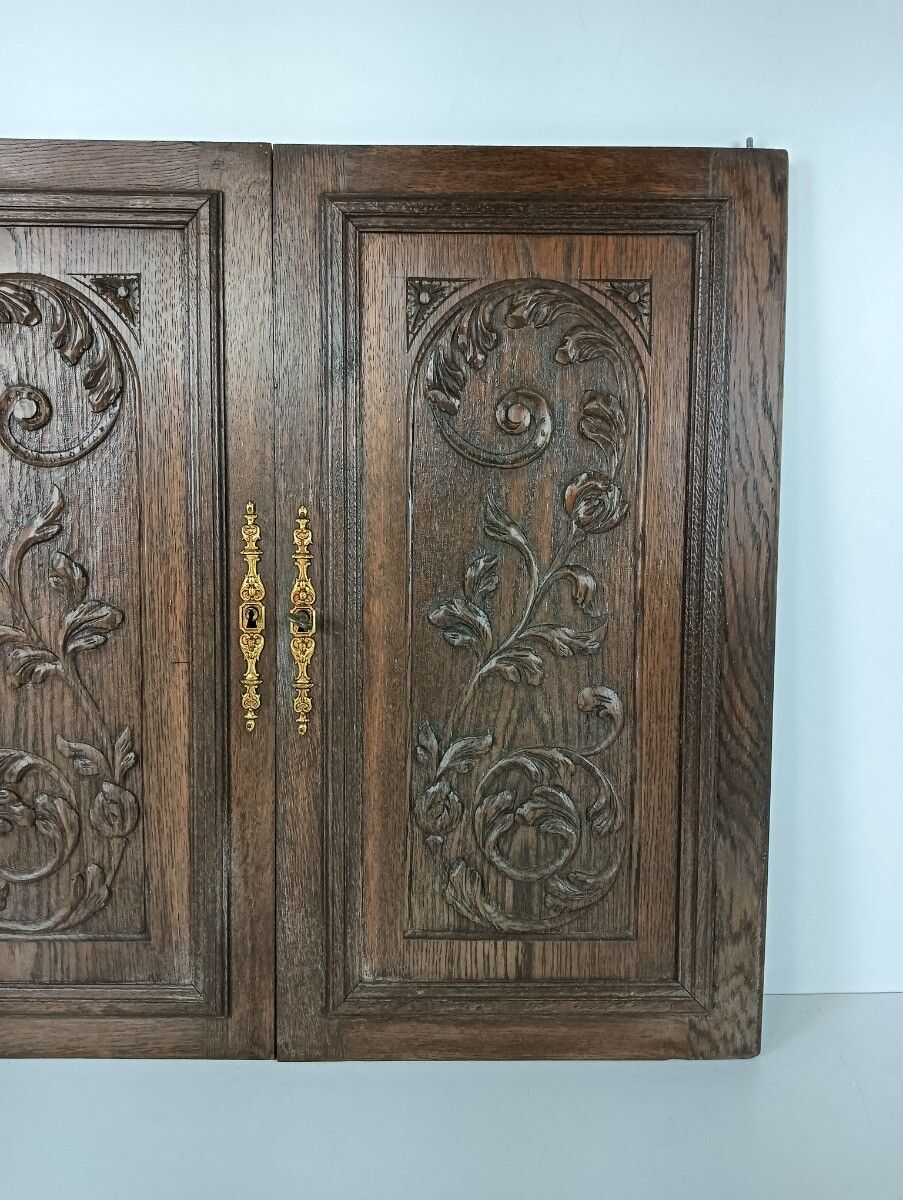 Antique Pair Door Panels Doors Cabinet Carved Wood Reclaimed Architectural Salva photo vinterior