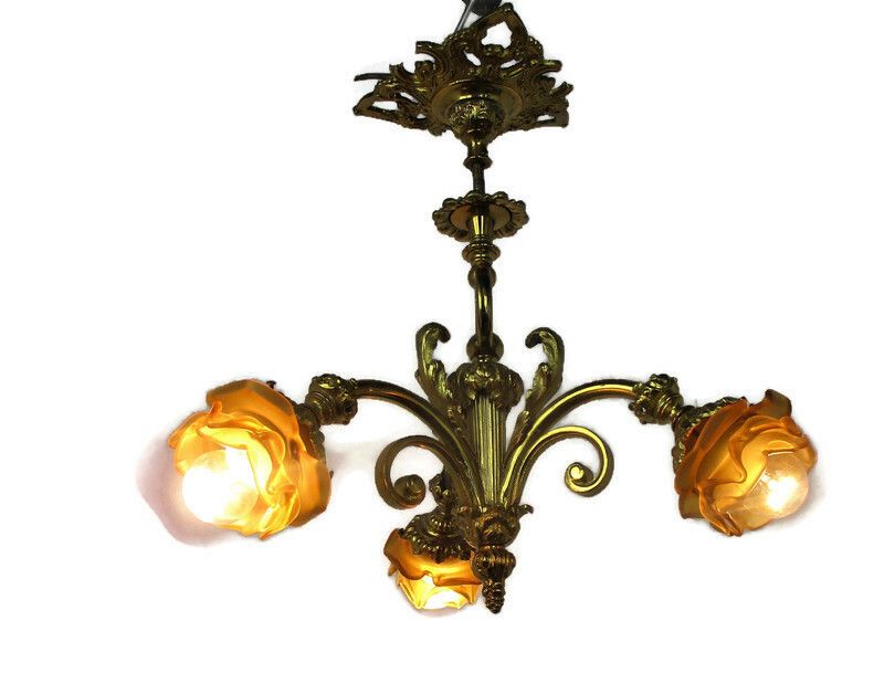 Vintage Chandelier 3 Arm Lights Ornate Bronze Art Glass Gorgeous Amber Sconces