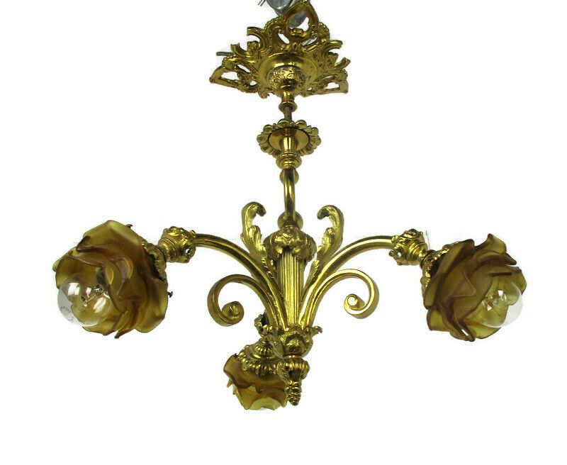 Vintage Chandelier 3 Arm Lights Ornate Bronze Art Glass Gorgeous Amber Sconces photo furniture