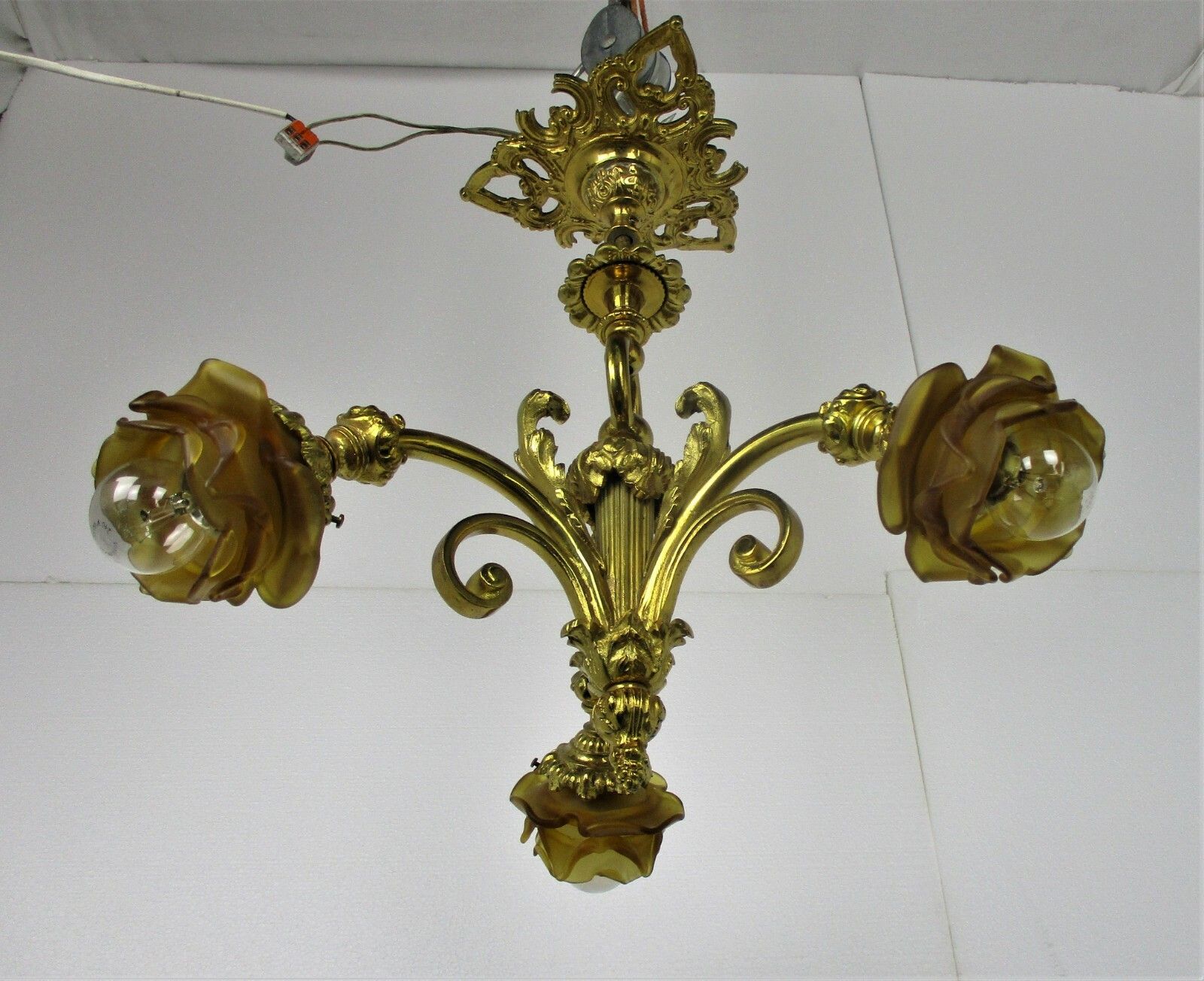 Vintage Chandelier 3 Arm Lights Ornate Bronze Art Glass Gorgeous Amber Sconces photo vinterior