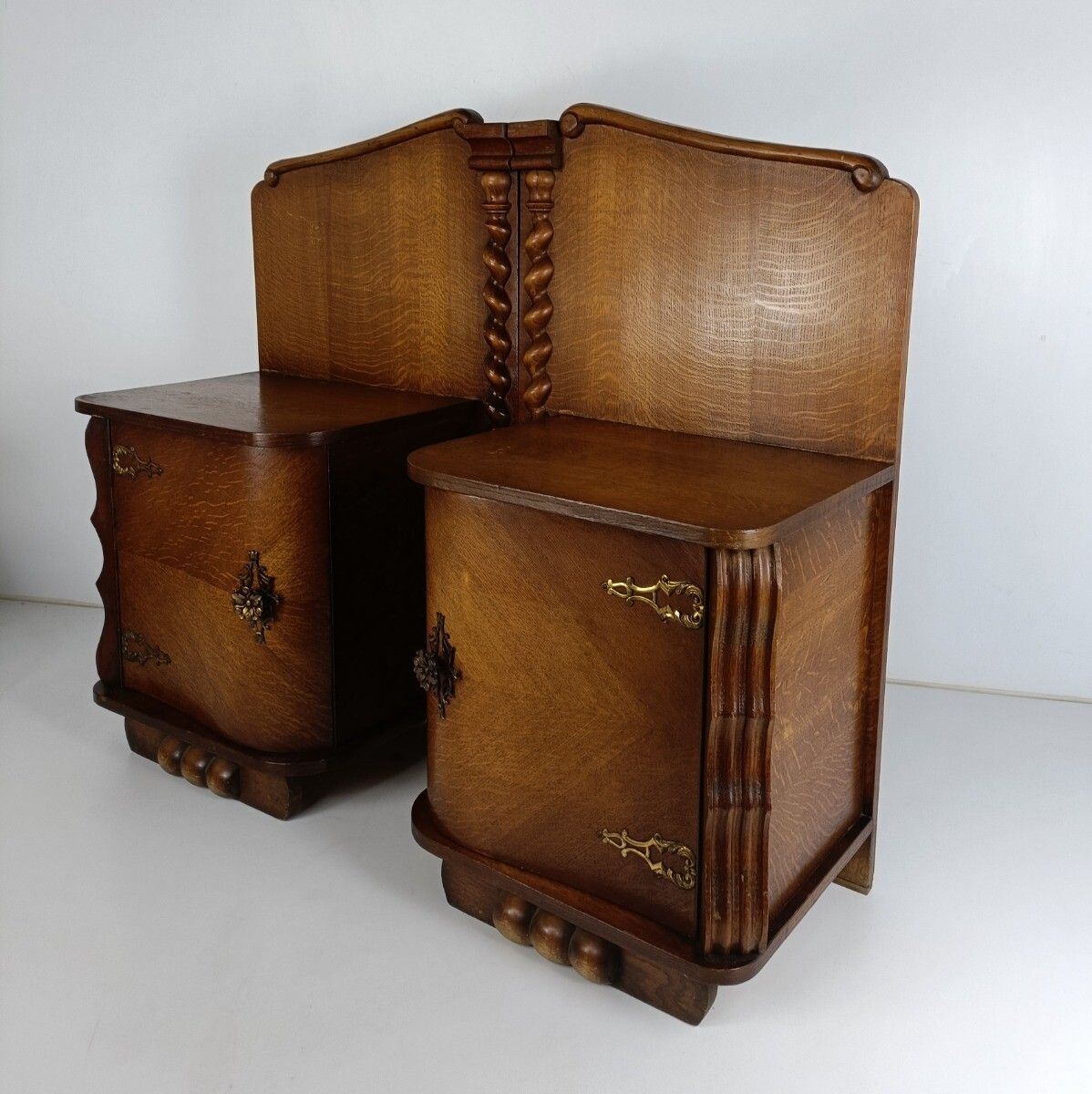 Pair Couple Antique Jugendstil Nightstands Wood Barley Twist End Tables Vanity C photo for sale