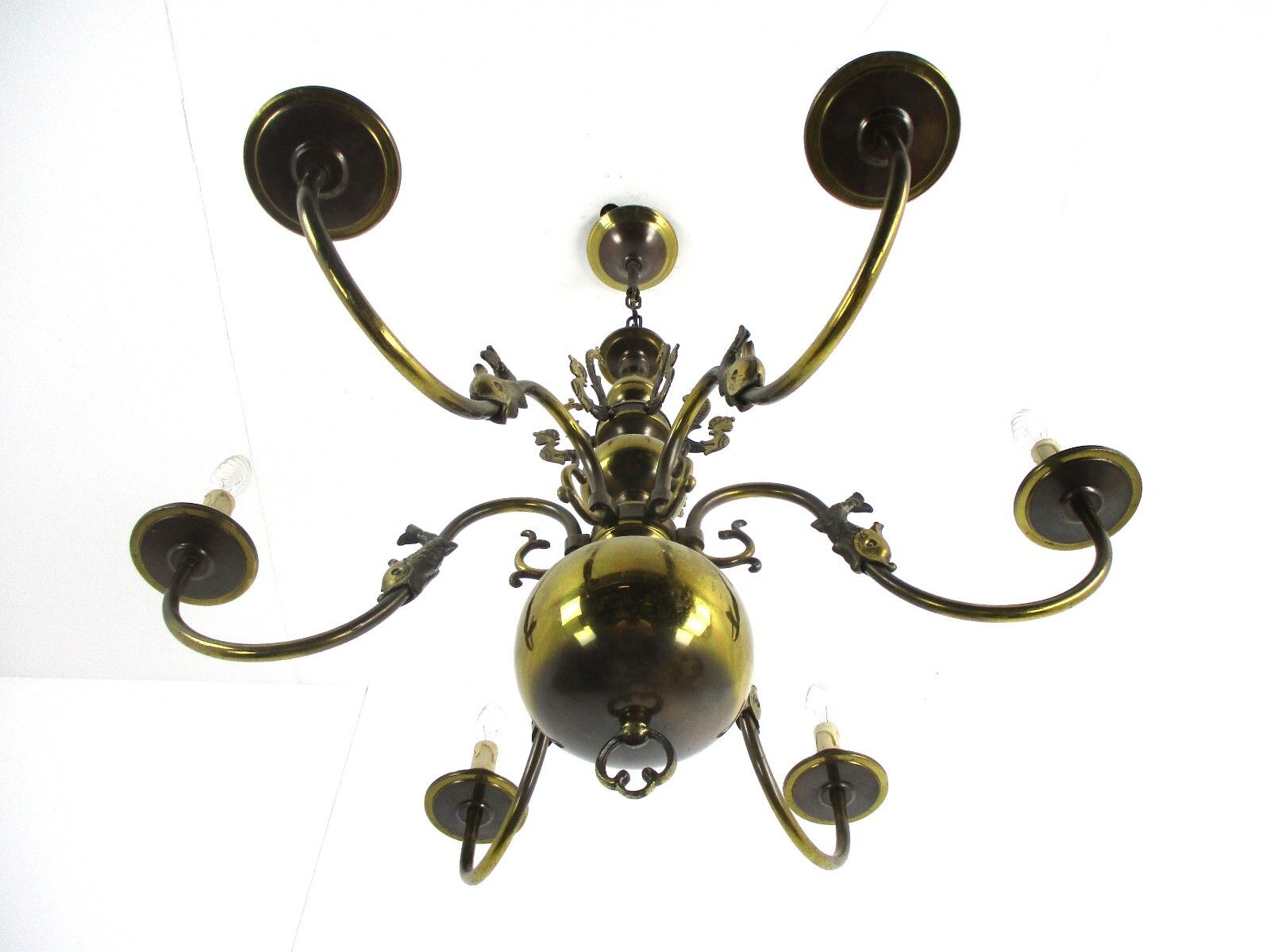 Flemish Dutch Chandelier 6 Arm Lights Brass Mermaids Fish Vintage Barn  Lovely photo buy