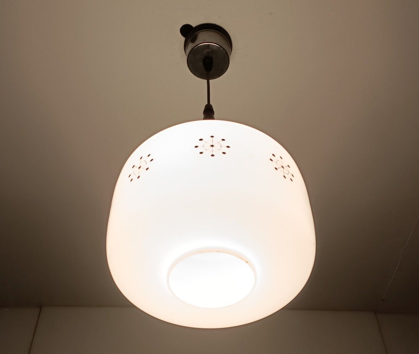 Danish Modern Chandelier Pendant Teak Opaline Glass Atomic  Retro Pop Art Style photo Lighting