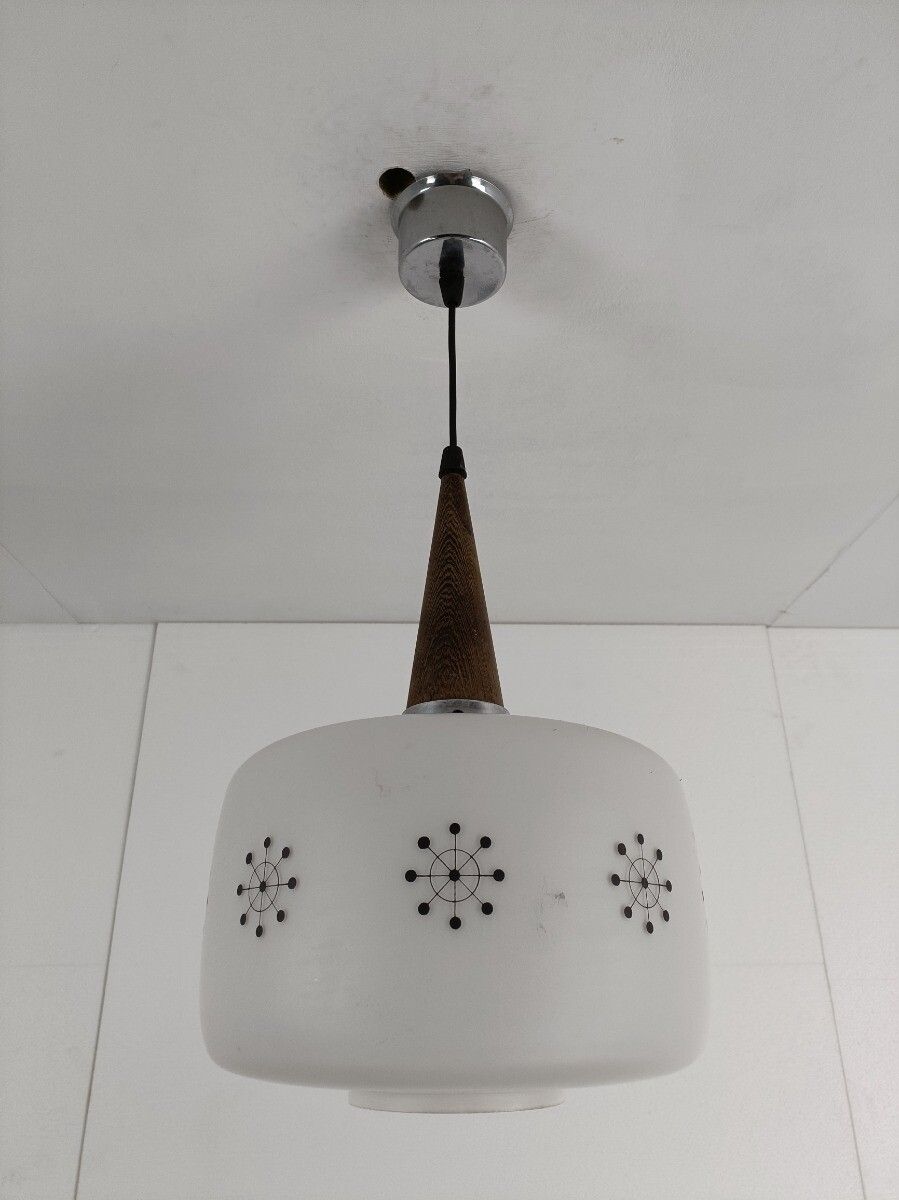 Danish Modern Chandelier Pendant Teak Opaline Glass Atomic  Retro Pop Art Style photo vinterior