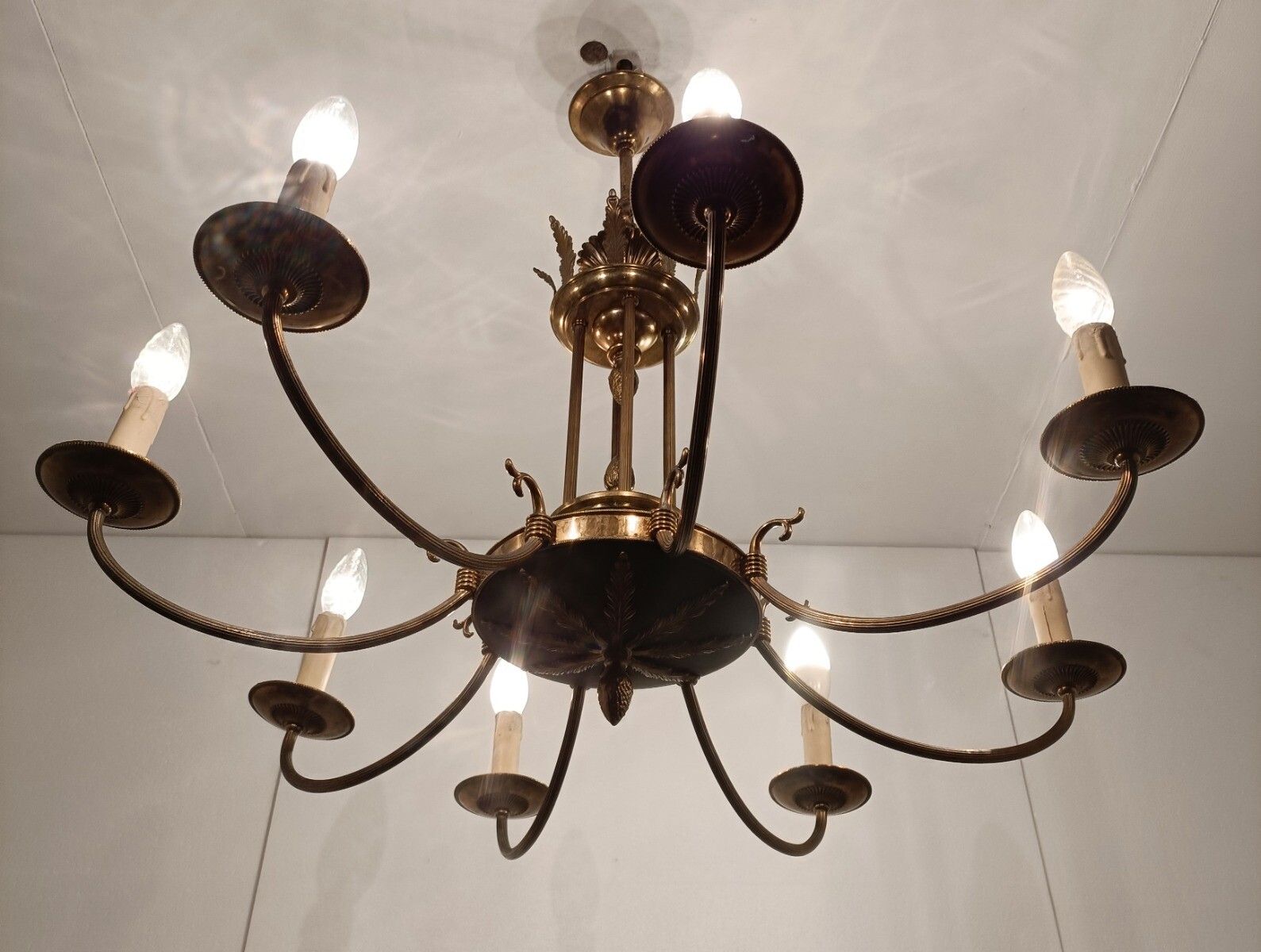 French Empire Pan Chandelier Brass  Green 8 Arms Lights  Hollywood Regency Htf photo for sale