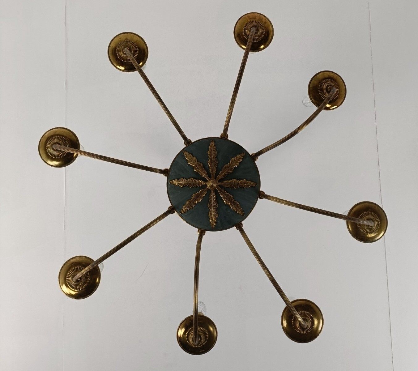 French Empire Pan Chandelier Brass  Green 8 Arms Lights  Hollywood Regency Htf photo vintage
