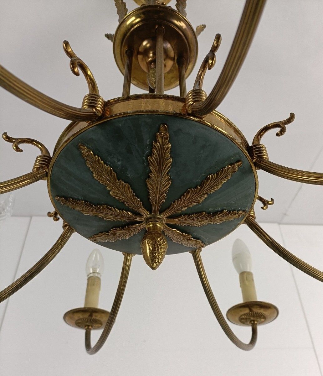 photo for sale French Empire Pan Chandelier Brass  Green 8 Arms Lights  Hollywood Regency Htf