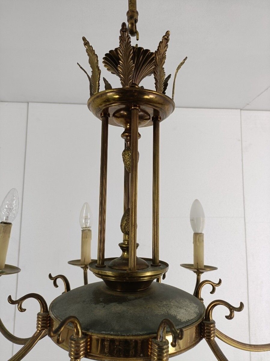 Lighting French Empire Pan Chandelier Brass  Green 8 Arms Lights  Hollywood Regency Htf photo