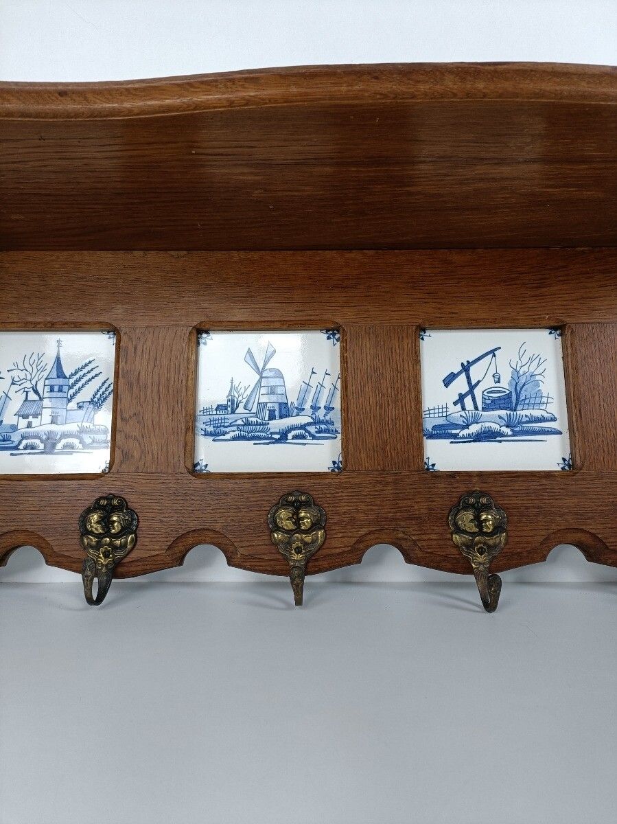 Antique Coat Hat Kitchen Rack Carved Wood Ceramic Delft Tiles Blue White Barn St photo 304.0