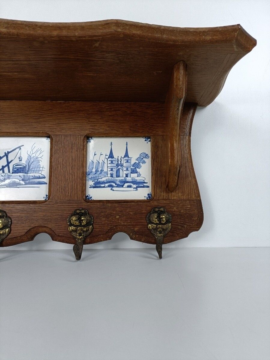 Antique Coat Hat Kitchen Rack Carved Wood Ceramic Delft Tiles Blue White Barn St photo buy