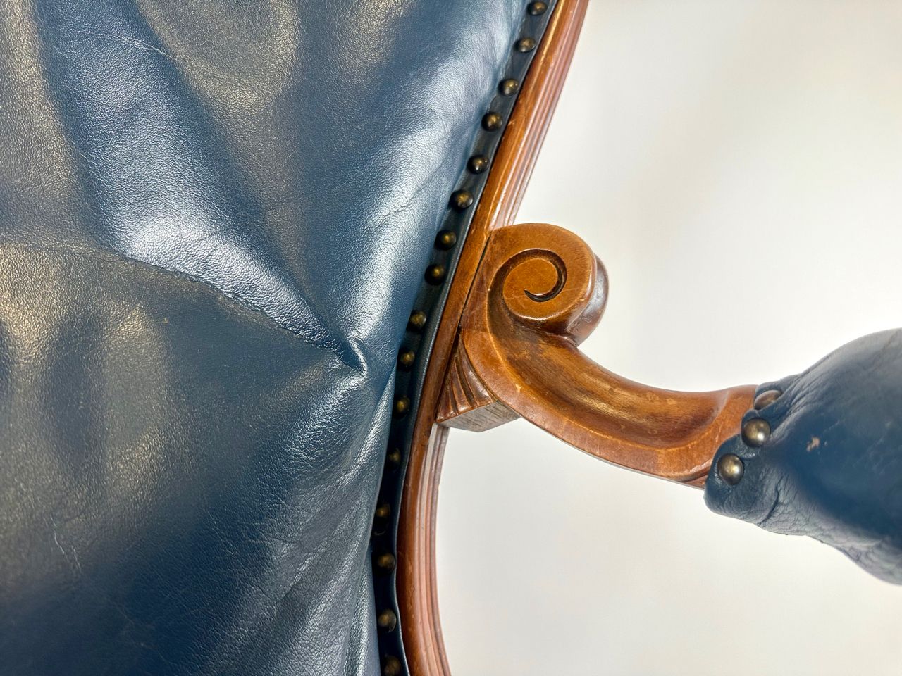Antique French Armchair In Walnut And Blue Leather, 1890s photo furniture