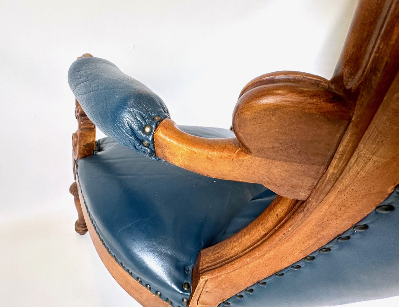Furniture Antique French Armchair In Walnut And Blue Leather, 1890s photo