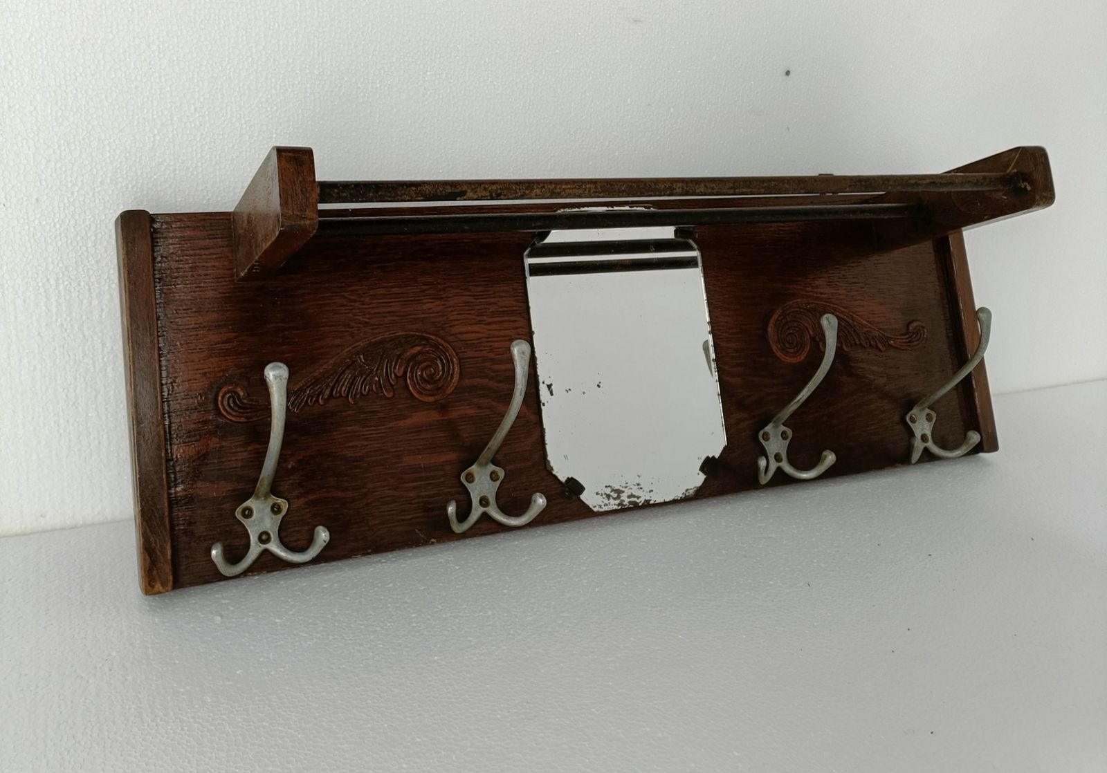 Vintage Wall Coat Rack Shelf Mid Century Modern Railroad Industrial Wood Pop Art photo for sale