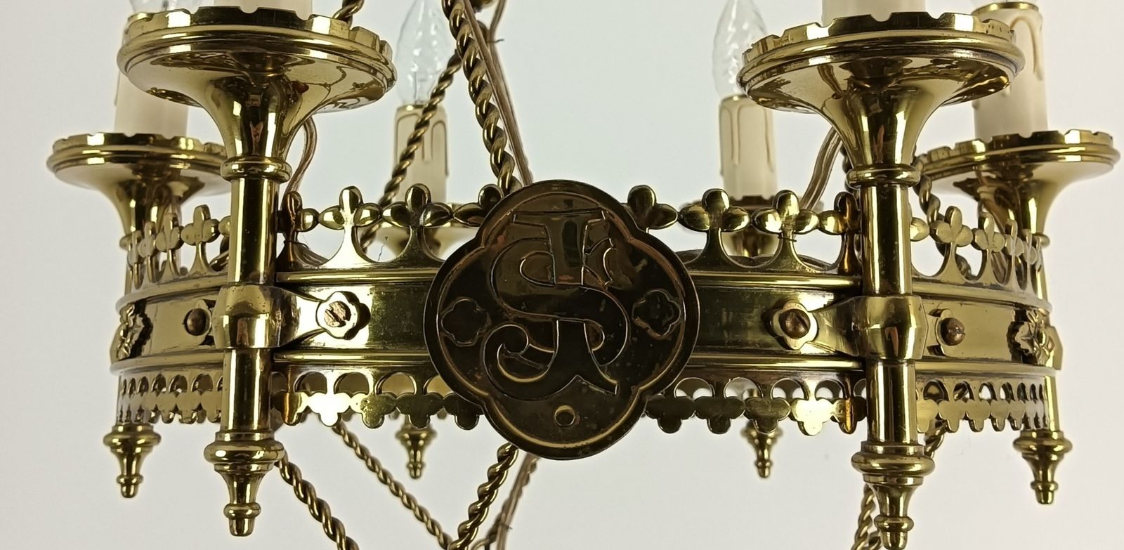 Gothic Antique Chandelier Bronze Art Glass Red 7 Lights Ornate Very Rare Wow photo for sale