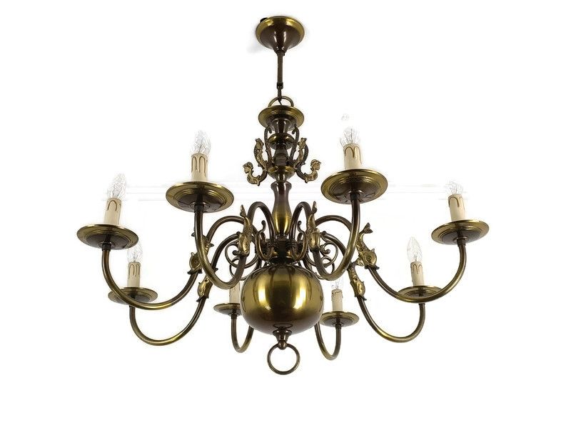 Flemish Dutch Chandelier Style 8 Arm Lights Fish Country Style Vintage Mid Centu