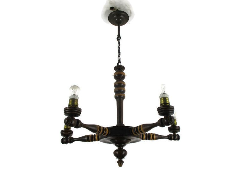 Hand Carved Wooden Chandelier Ornate 5 Arm Lights Mid Century Farmhouse Barn Sty
