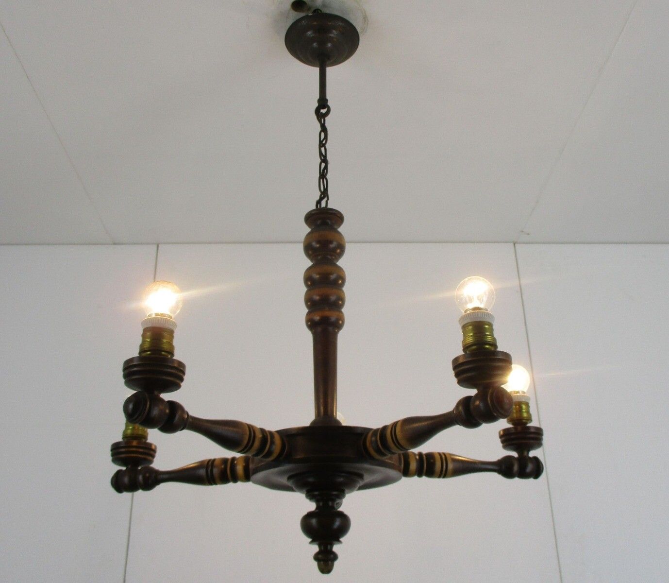 Hand Carved Wooden Chandelier Ornate 5 Arm Lights Mid Century Farmhouse Barn Sty photo for sale