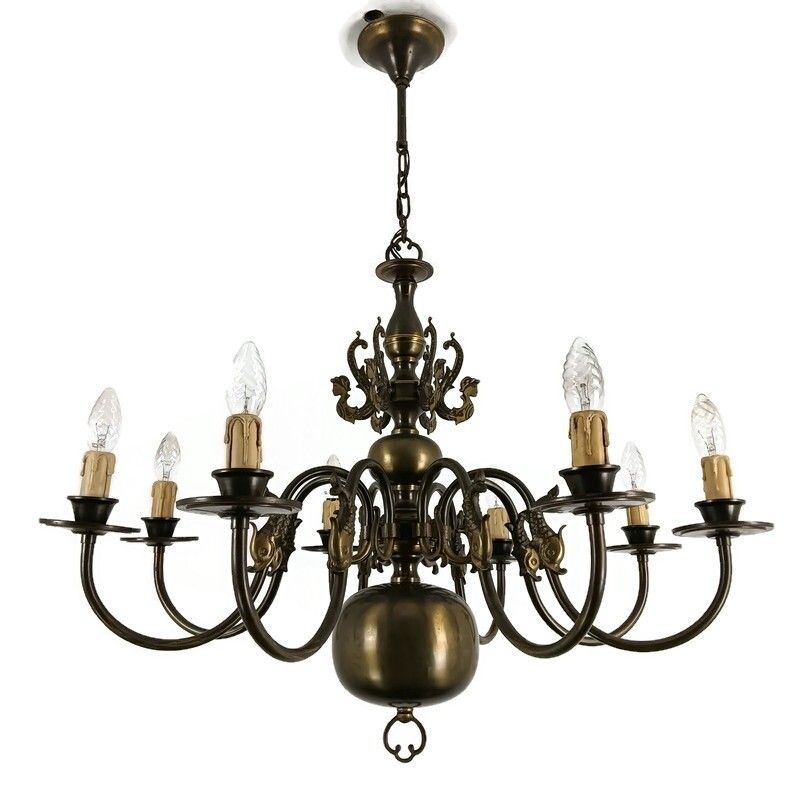 Flemish Dutch  Chandelier 8 Arms Lights Brass  Fish  Gorgeous Vintage Barn Farmh