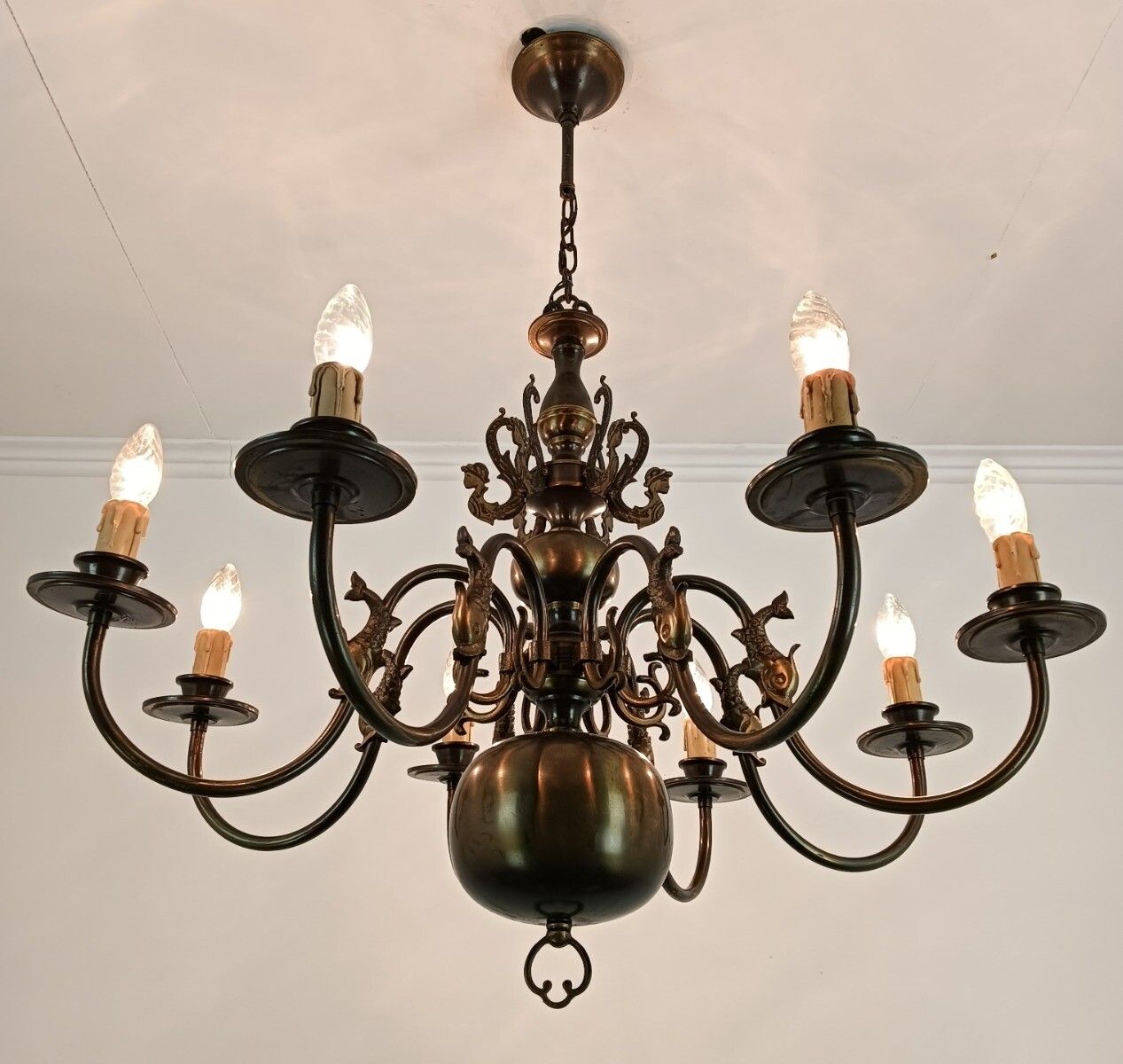 Flemish Dutch  Chandelier 8 Arms Lights Brass  Fish  Gorgeous Vintage Barn Farmh photo 607.0