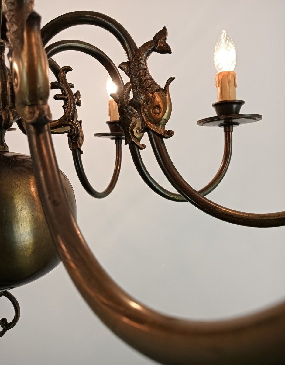 photo for sale Flemish Dutch  Chandelier 8 Arms Lights Brass  Fish  Gorgeous Vintage Barn Farmh