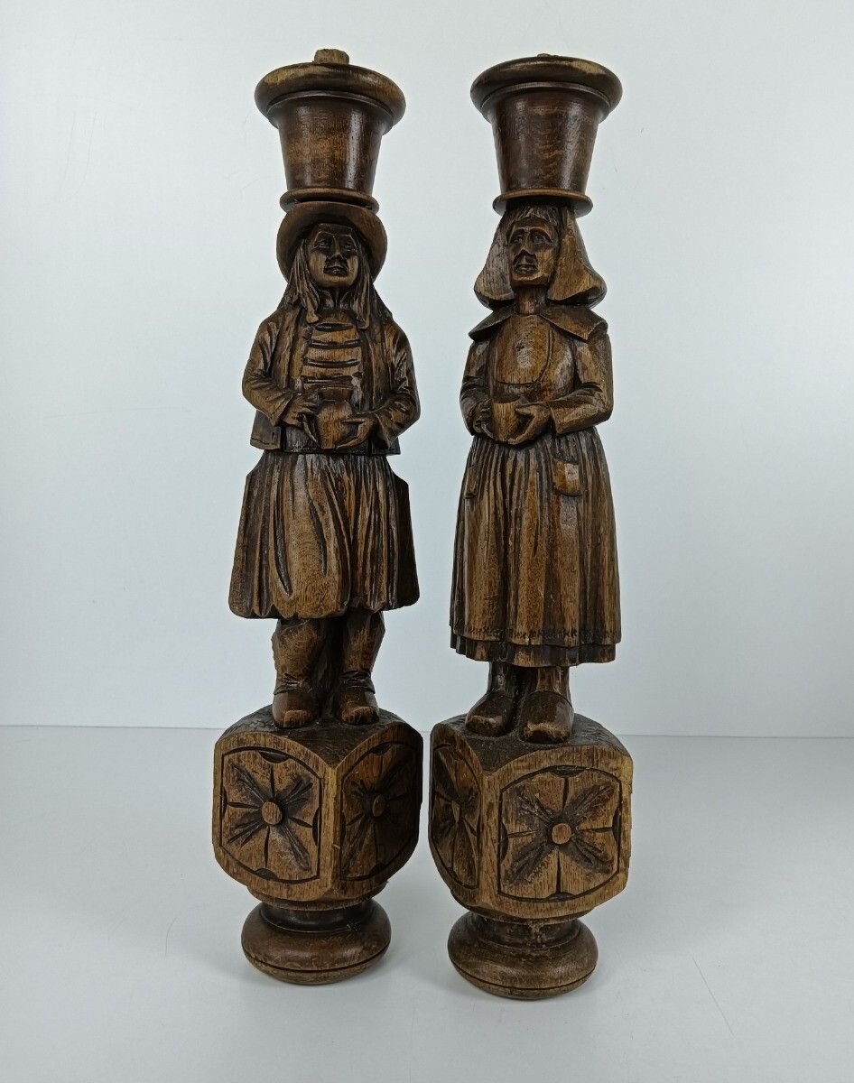 Large Antique Hand Carved Wooden Corbels Breton Figures Couple France Reclaimed photo 352.0