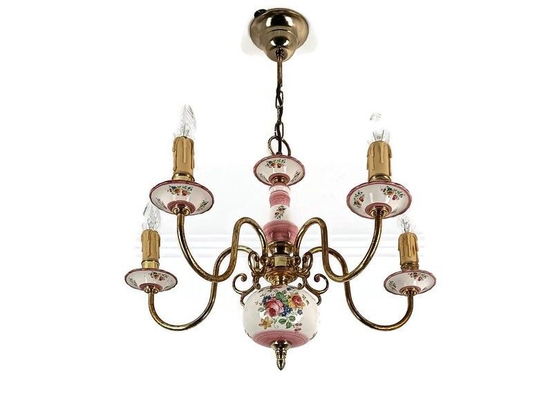 Vintage Chandelier Porcelain Italy Italian Fixture Flower Pattern Pink 5 Lights