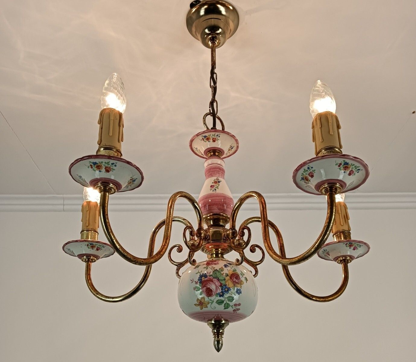 Vintage Chandelier Porcelain Italy Italian Fixture Flower Pattern Pink 5 Lights photo Lighting