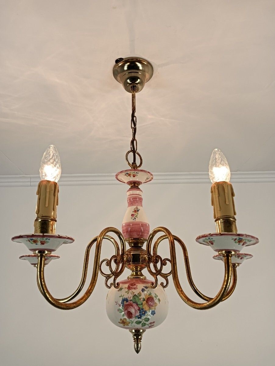 Vintage Chandelier Porcelain Italy Italian Fixture Flower Pattern Pink 5 Lights photo vinterior