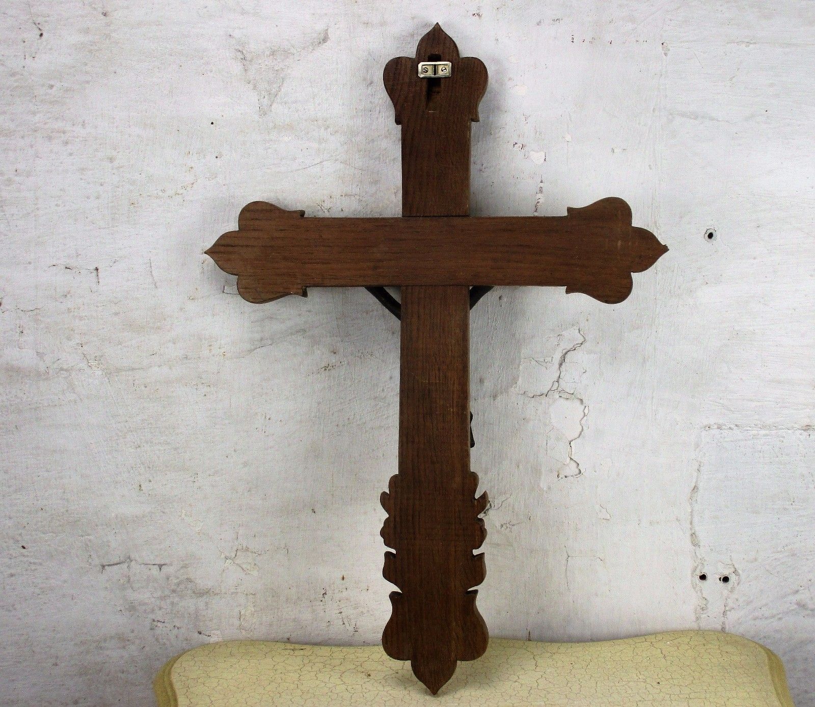 Large French Oak Hanging Crucifix Cross Jesus Christ Copper Corpus Flowers 25" photo 186.0