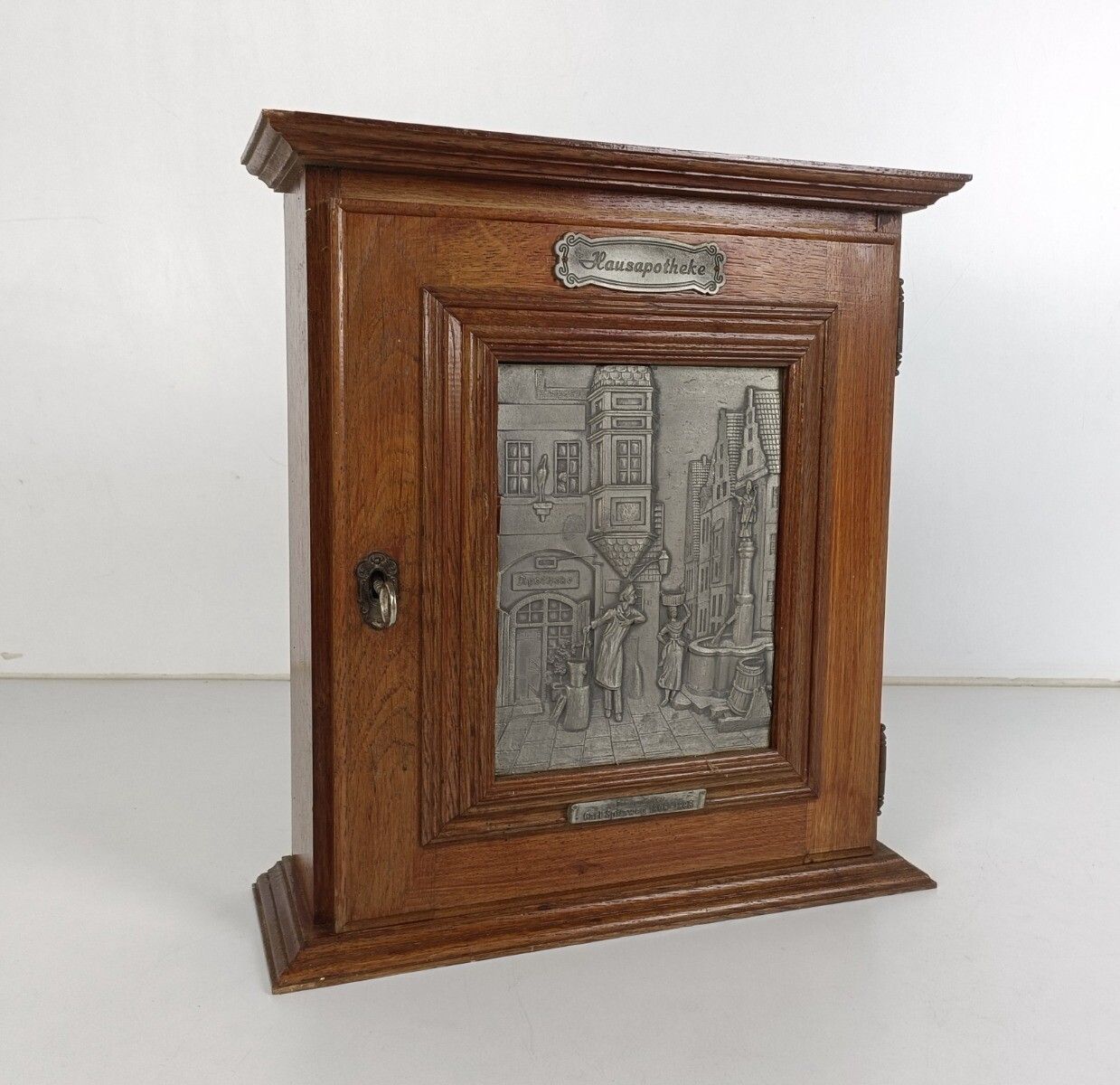 Vintage German Oak Kitchen Apothecary Wall Cabinet Brass Plaque Hausapotheke photo furniture