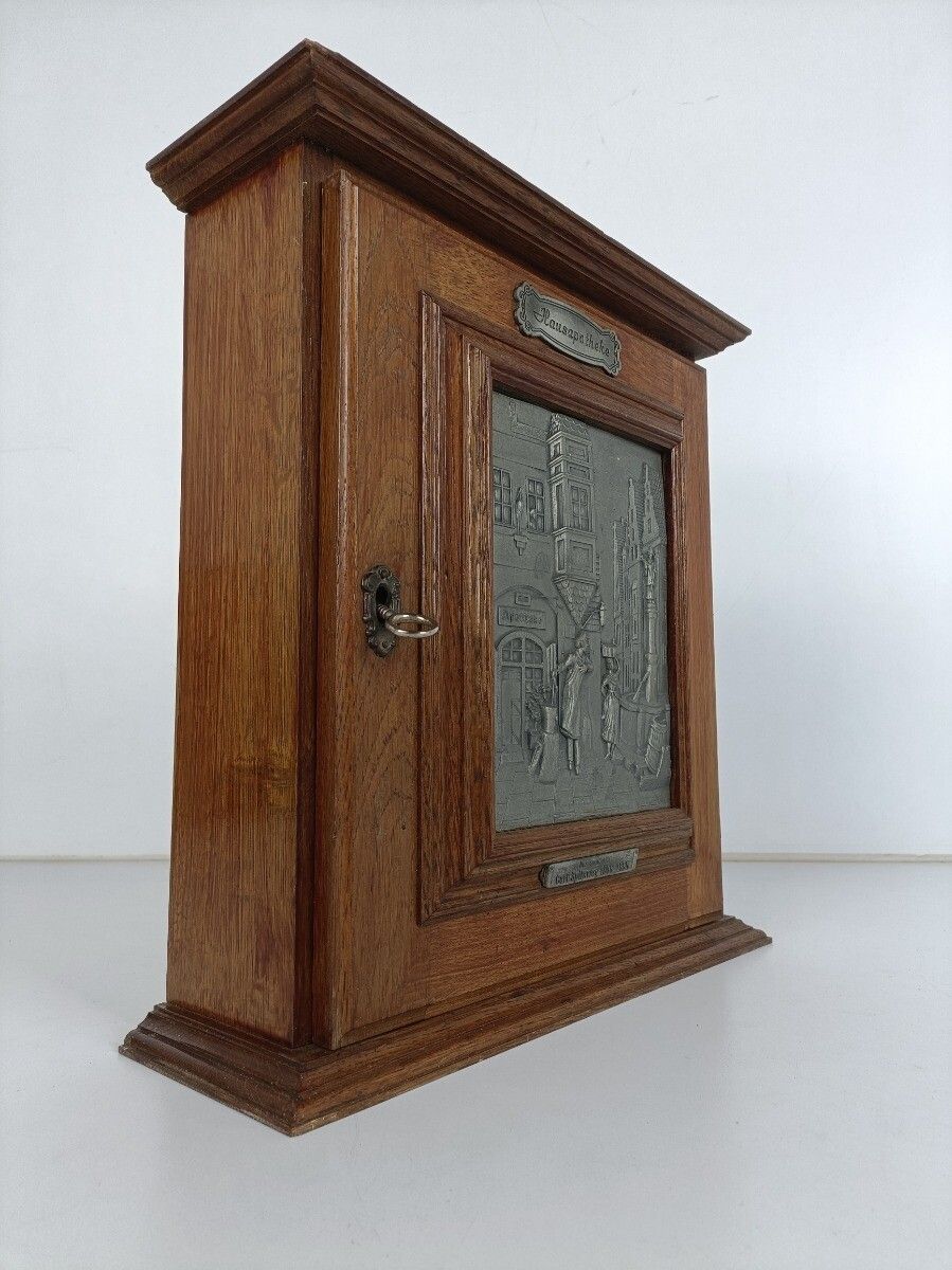 photo furniture Vintage German Oak Kitchen Apothecary Wall Cabinet Brass Plaque Hausapotheke