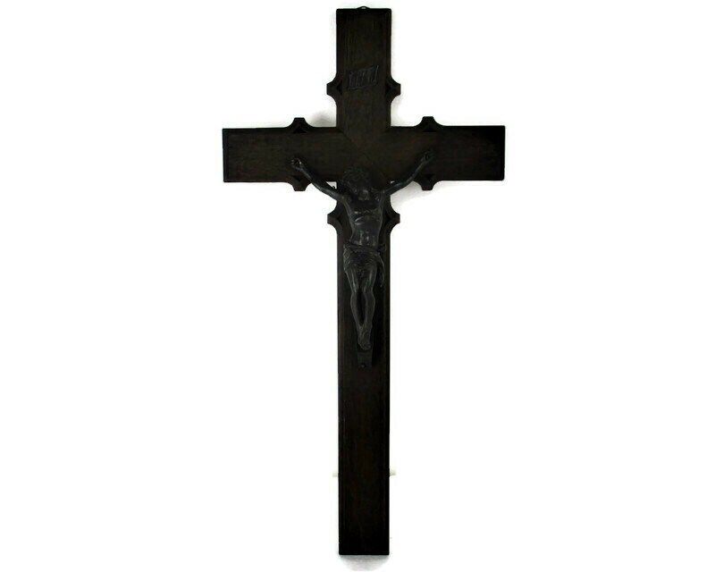 Hand Carved Wood Hanging Crucifix Cross Jesus Christ Spelter Beautiful Corpus Oa