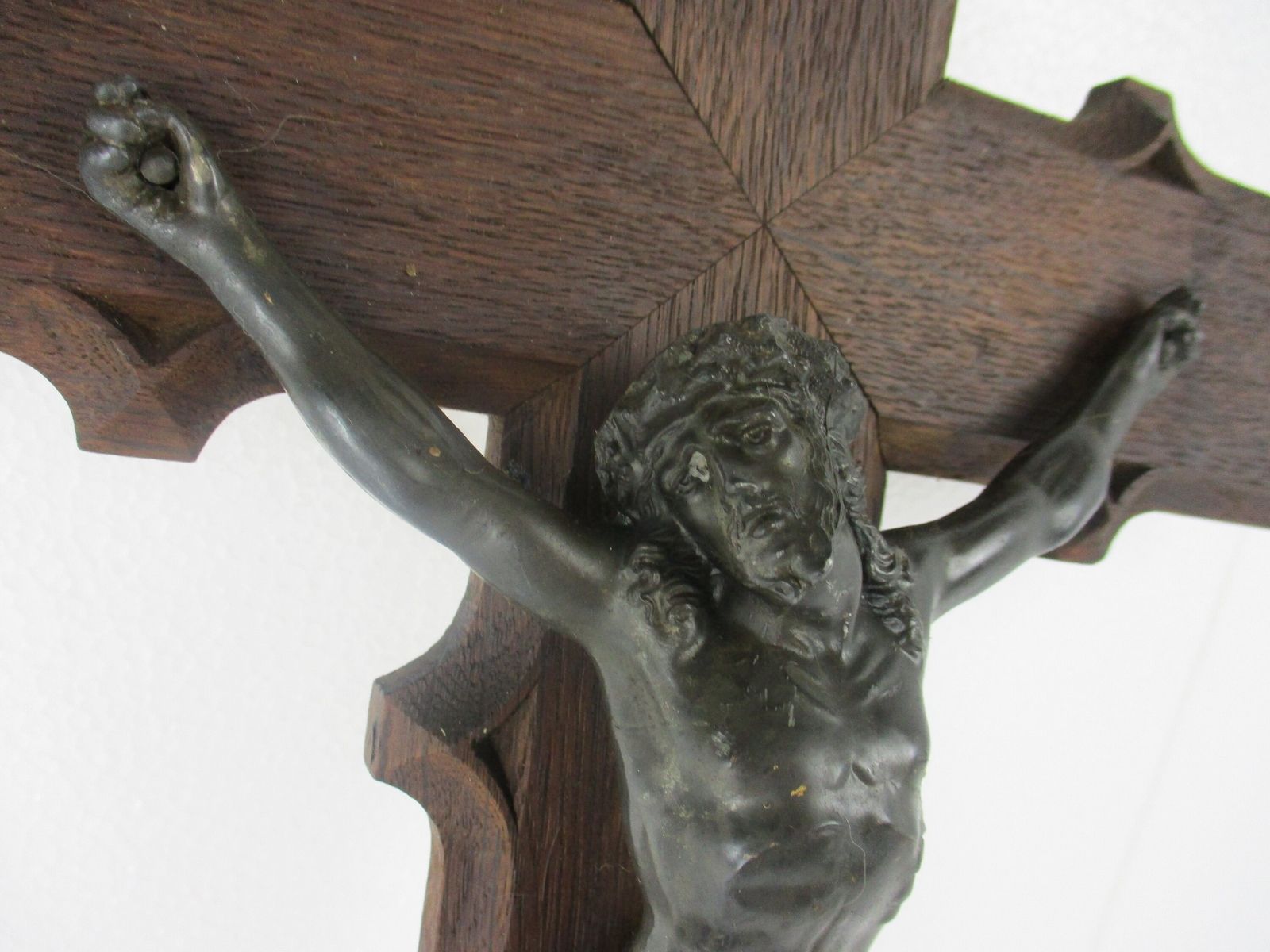 Hand Carved Wood Hanging Crucifix Cross Jesus Christ Spelter Beautiful Corpus Oa photo for sale